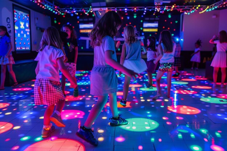 Kids enjoying glow-in-the-dark games under black light at a vibrant party.